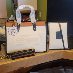 Coach Leatherware White and Brown Crossbody Tote Bag Set